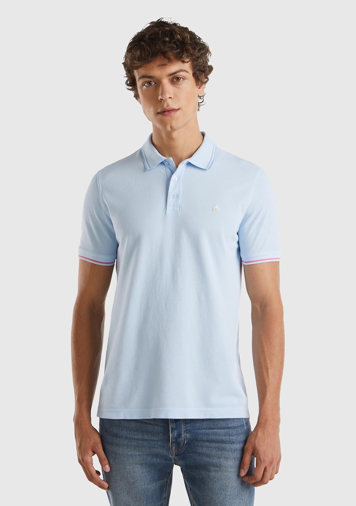  Erkek Açık Mavi %100 Pamuk Göğsü Logo İşlemeli Kontrast Çizgili Polo T-Shirt