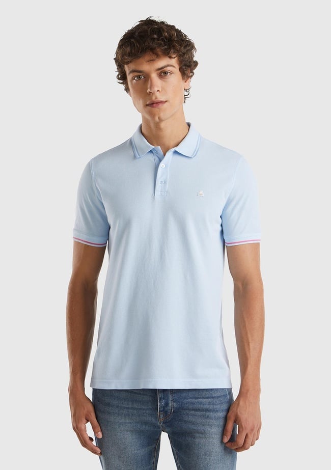  Erkek Açık Mavi %100 Pamuk Göğsü Logo İşlemeli Kontrast Çizgili Polo T-Shirt