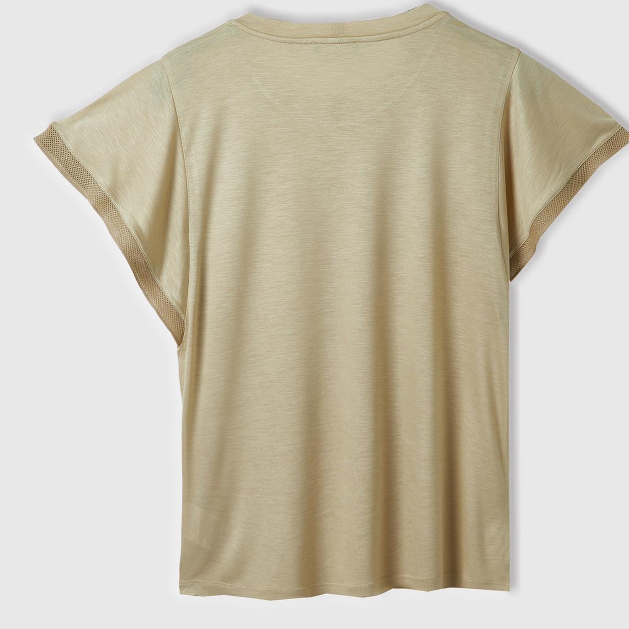 Kadın Bej %100 Viskoz Kolları Fırfır Detaylı Geniş Yaka T-Shirt