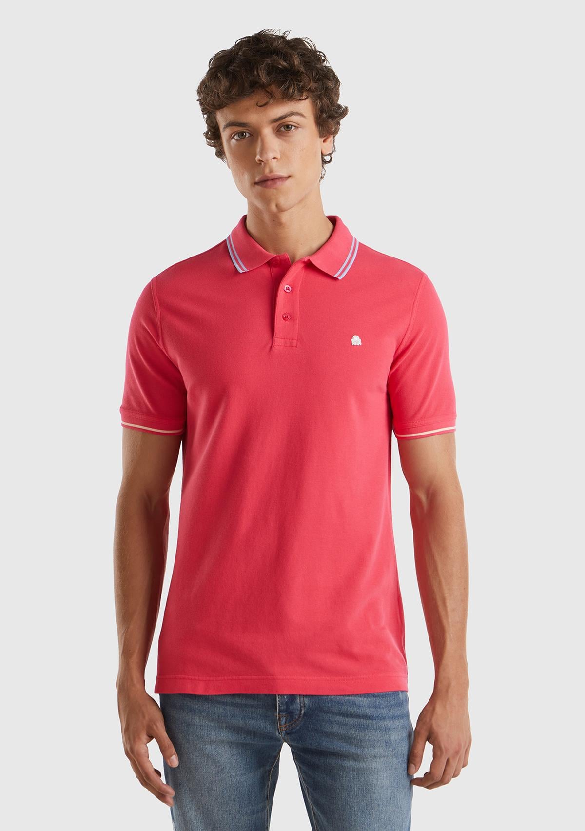  Erkek Koyu Pembe %100 Pamuk Göğsü Logo İşlemeli Kontrast Çizgili Polo T-Shirt