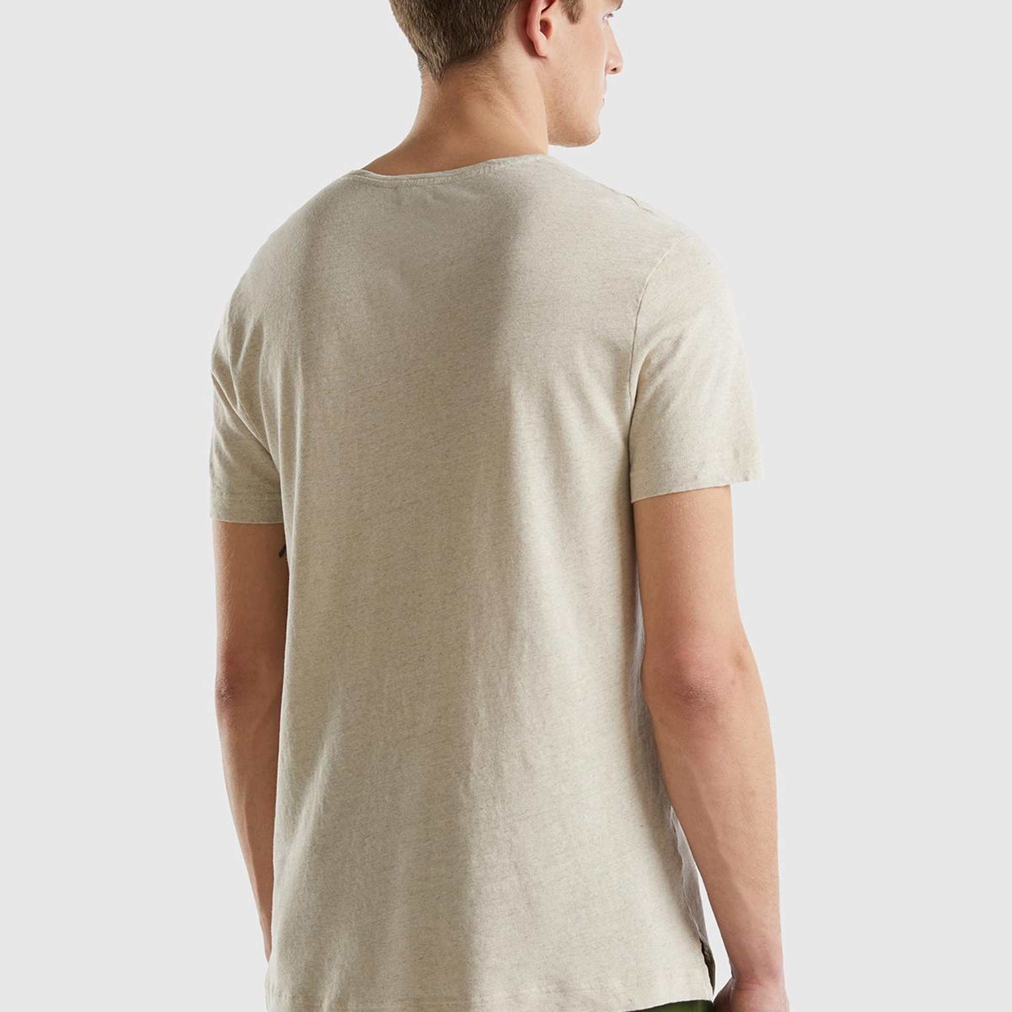 Erkek Bej Keten Karışımlı Bisiklet Yaka Basic T-Shirt