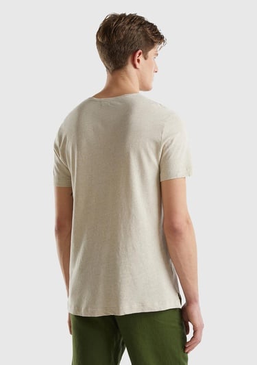  Erkek Bej Keten Karışımlı Bisiklet Yaka Basic T-Shirt
