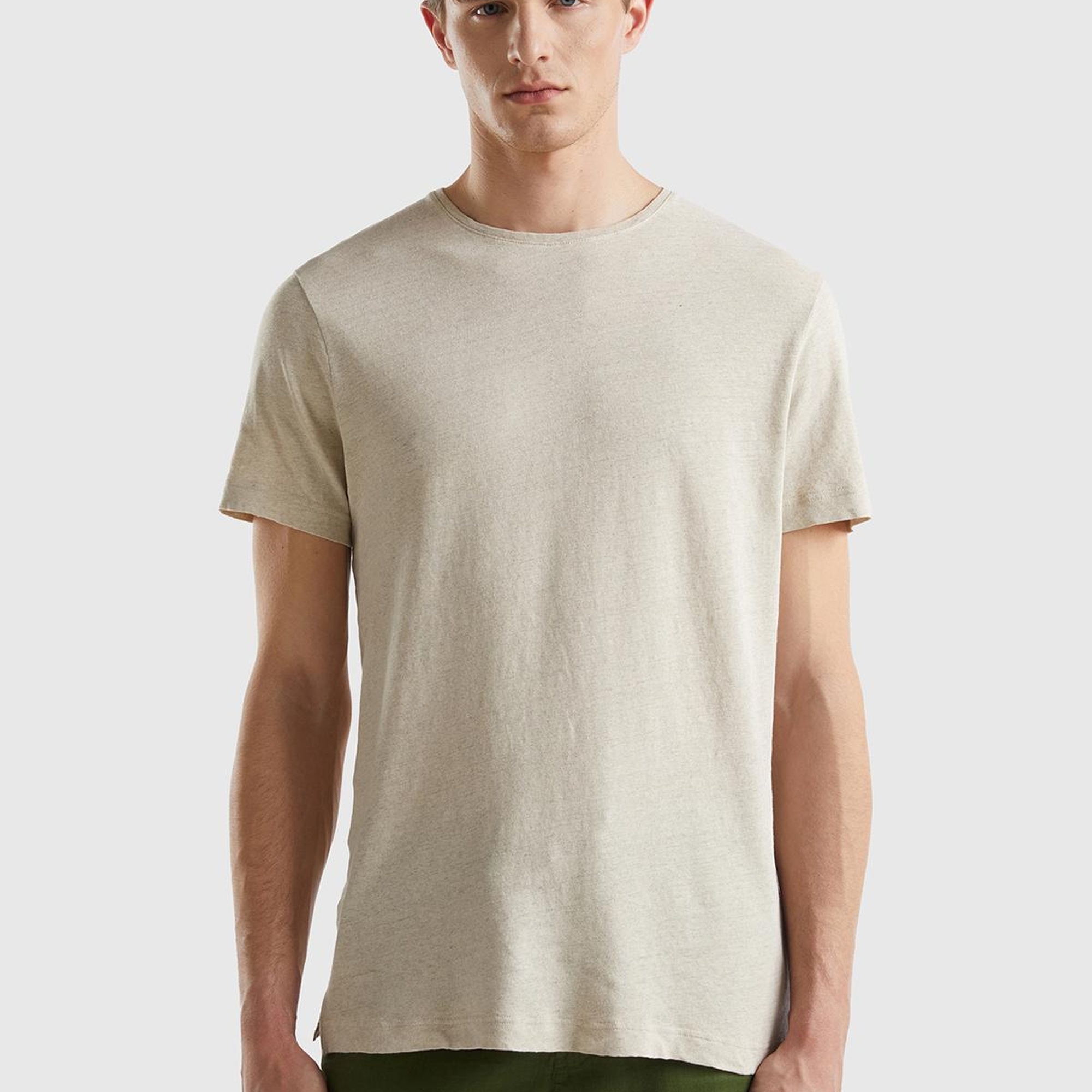 Erkek Bej Keten Karışımlı Bisiklet Yaka Basic T-Shirt