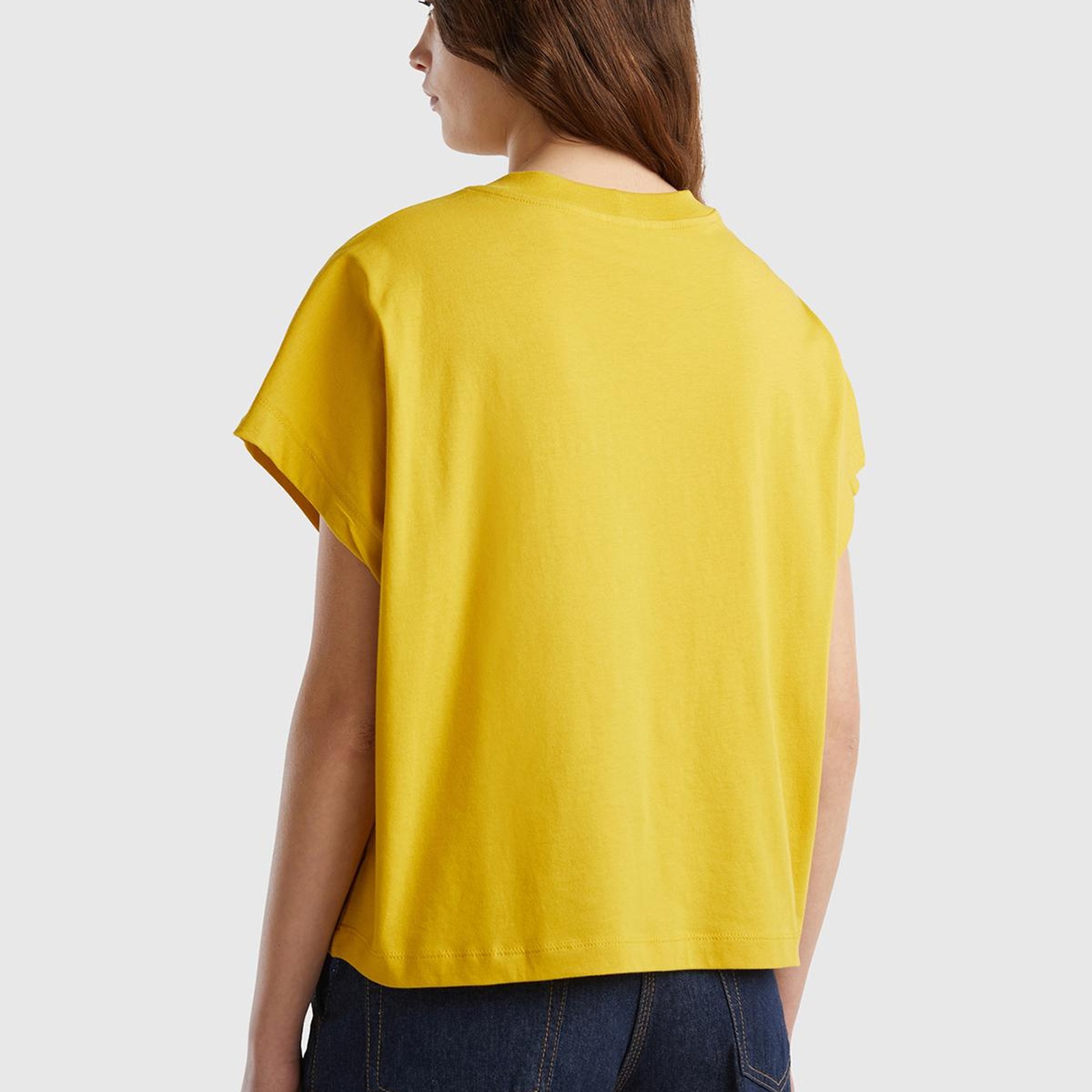 Kadın Hardal %100 Pamuk Kimono Kollu Bisiklet Yaka T-Shirt