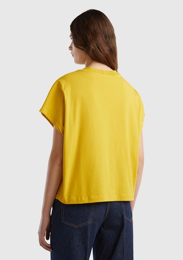  Kadın Hardal %100 Pamuk Kimono Kollu Bisiklet Yaka T-Shirt