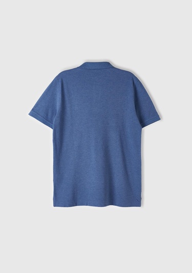  Erkek Koyu Mavi %100 Pamuk Göğsü Logo İşlemeli Düğmeli Polo T-Shirt