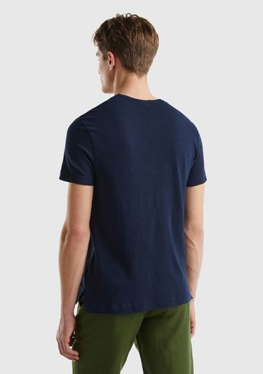  Erkek İndigo Keten Karışımlı Bisiklet Yaka Basic T-Shirt