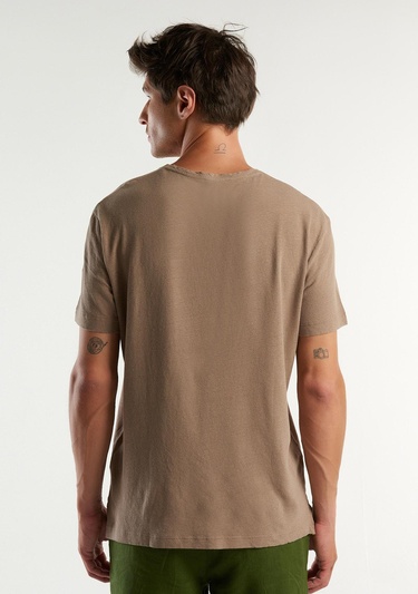  Erkek Kahverengi Keten Karışımlı Bisiklet Yaka Basic T-Shirt