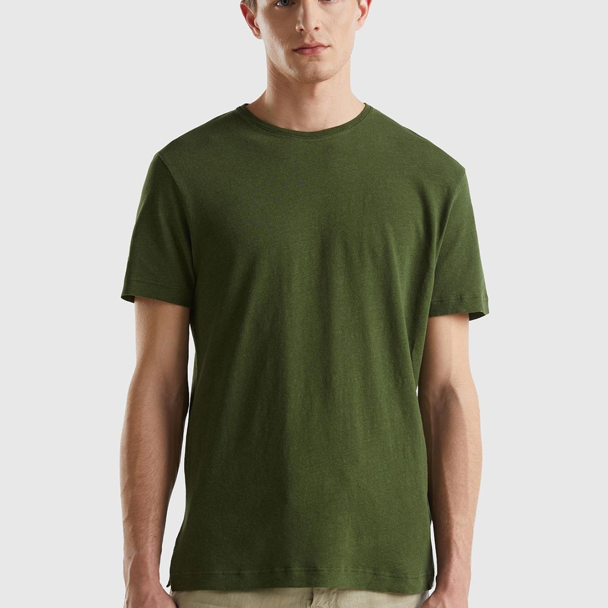 Erkek Koyu Yeşil Keten Karışımlı Bisiklet Yaka Basic T-Shirt