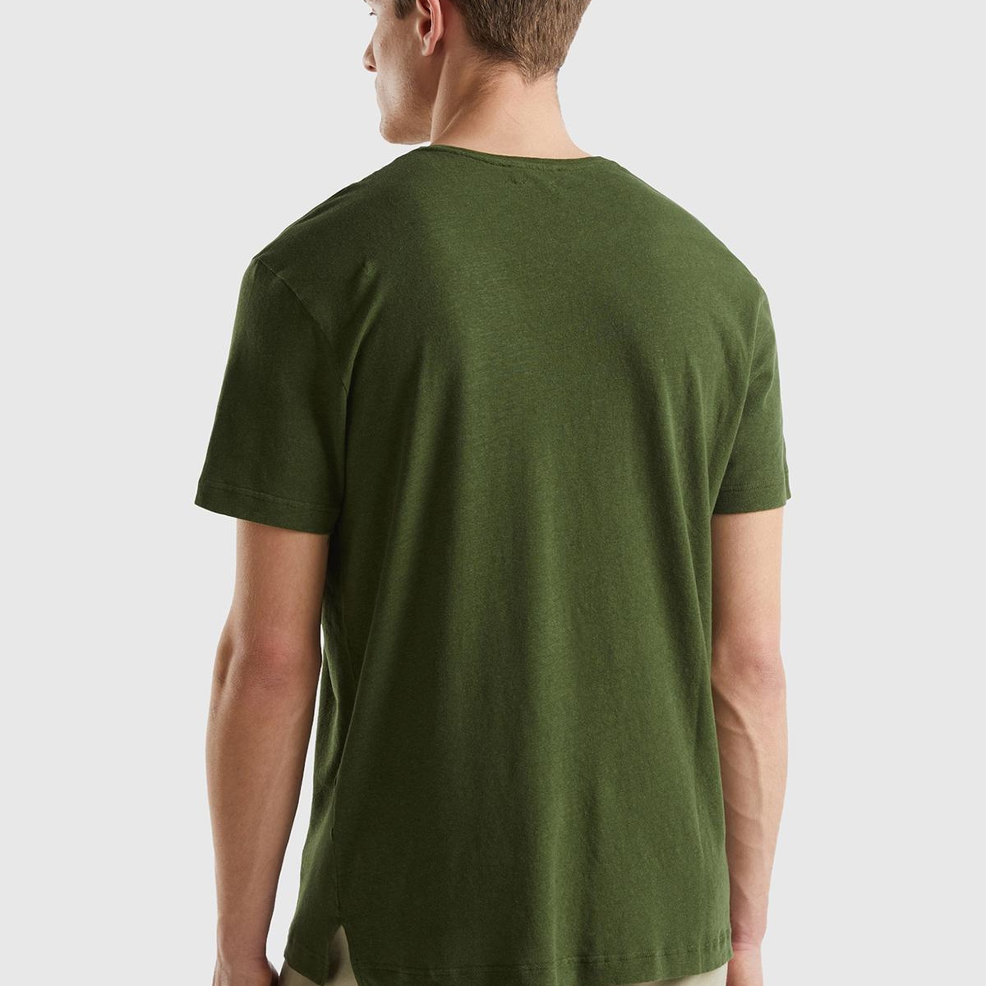 Erkek Koyu Yeşil Keten Karışımlı Bisiklet Yaka Basic T-Shirt