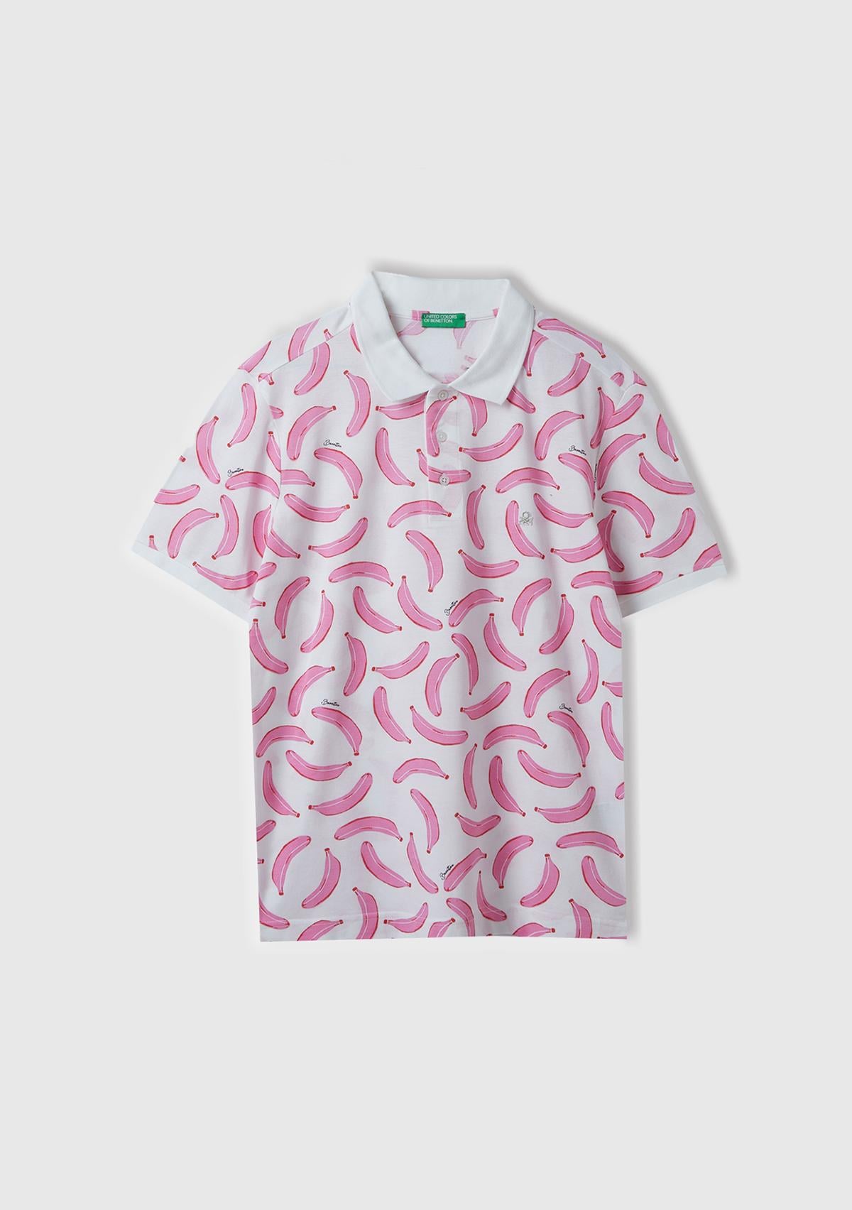  Erkek Beyaz Mix %100 Pamuk Tamamı Meyve Desenli Polo Yaka T-Shirt