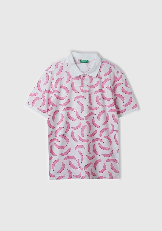  Erkek Beyaz Mix %100 Pamuk Tamamı Meyve Desenli Polo Yaka T-Shirt