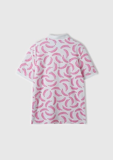  Erkek Beyaz Mix %100 Pamuk Tamamı Meyve Desenli Polo Yaka T-Shirt