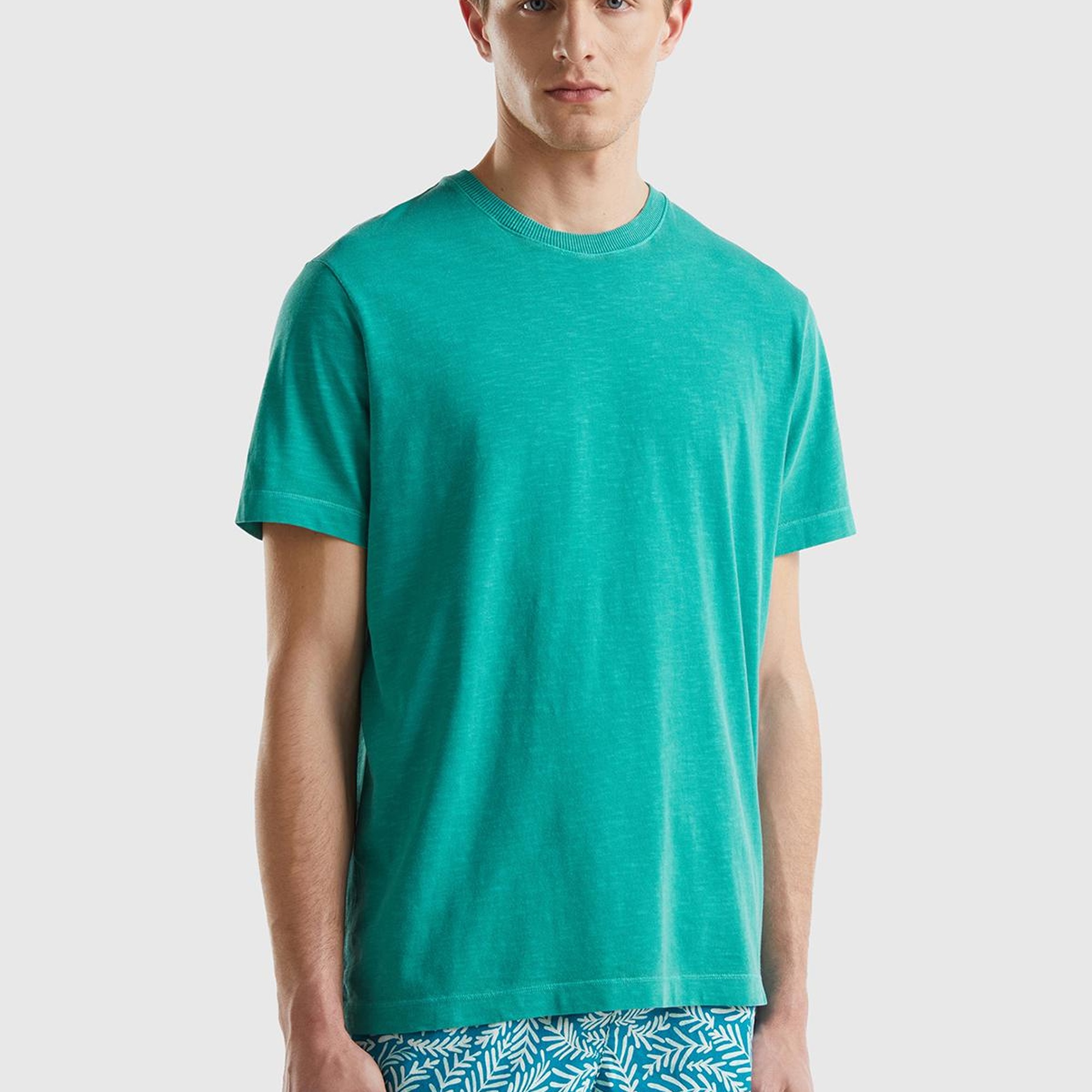 Erkek Adaçayı %100 Pamuk Tek Renkli Rahat Kesim Bisiklet Yaka T-Shirt