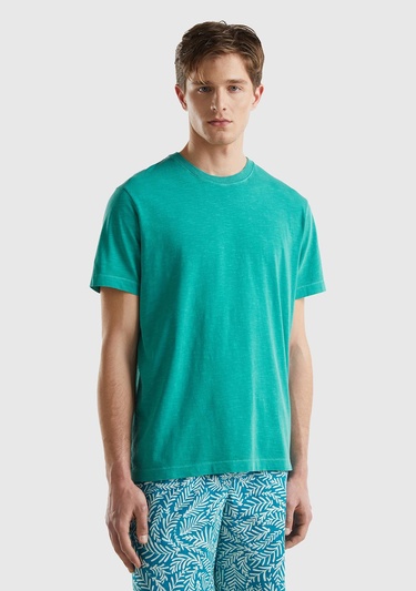  Erkek Adaçayı %100 Pamuk Tek Renkli Rahat Kesim Bisiklet Yaka T-Shirt