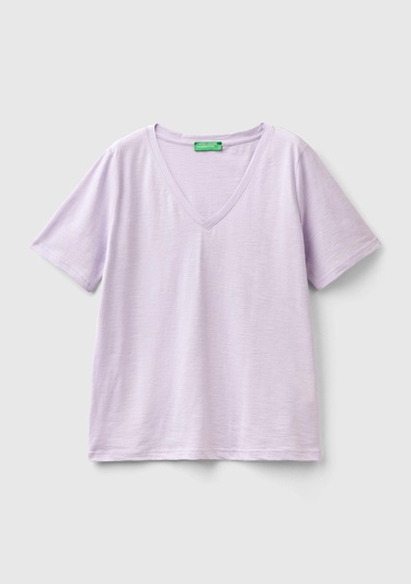  Kadın Lila %100 Koton V Yaka Slub T-Shirt