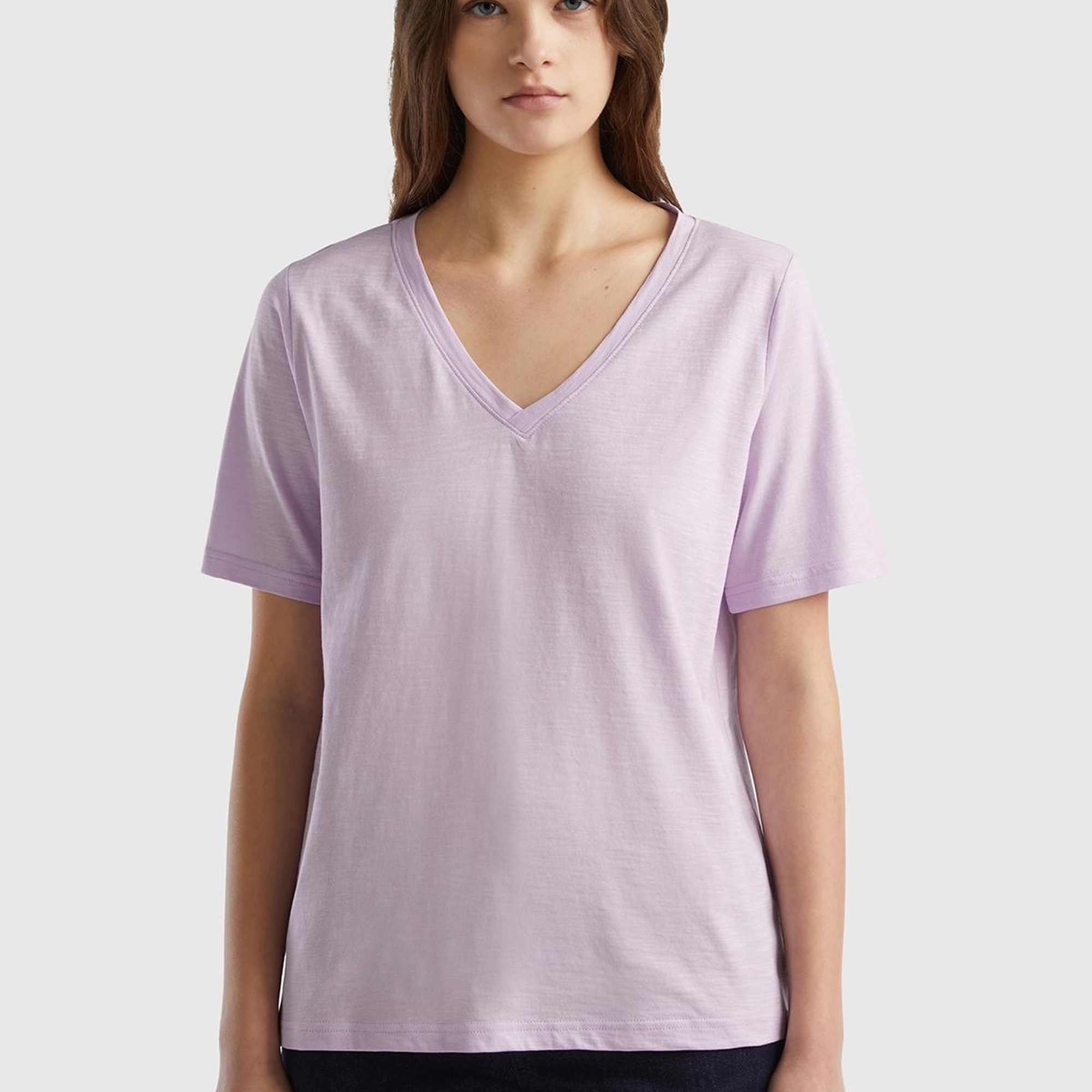 Kadın Lila %100 Koton V Yaka Slub T-Shirt