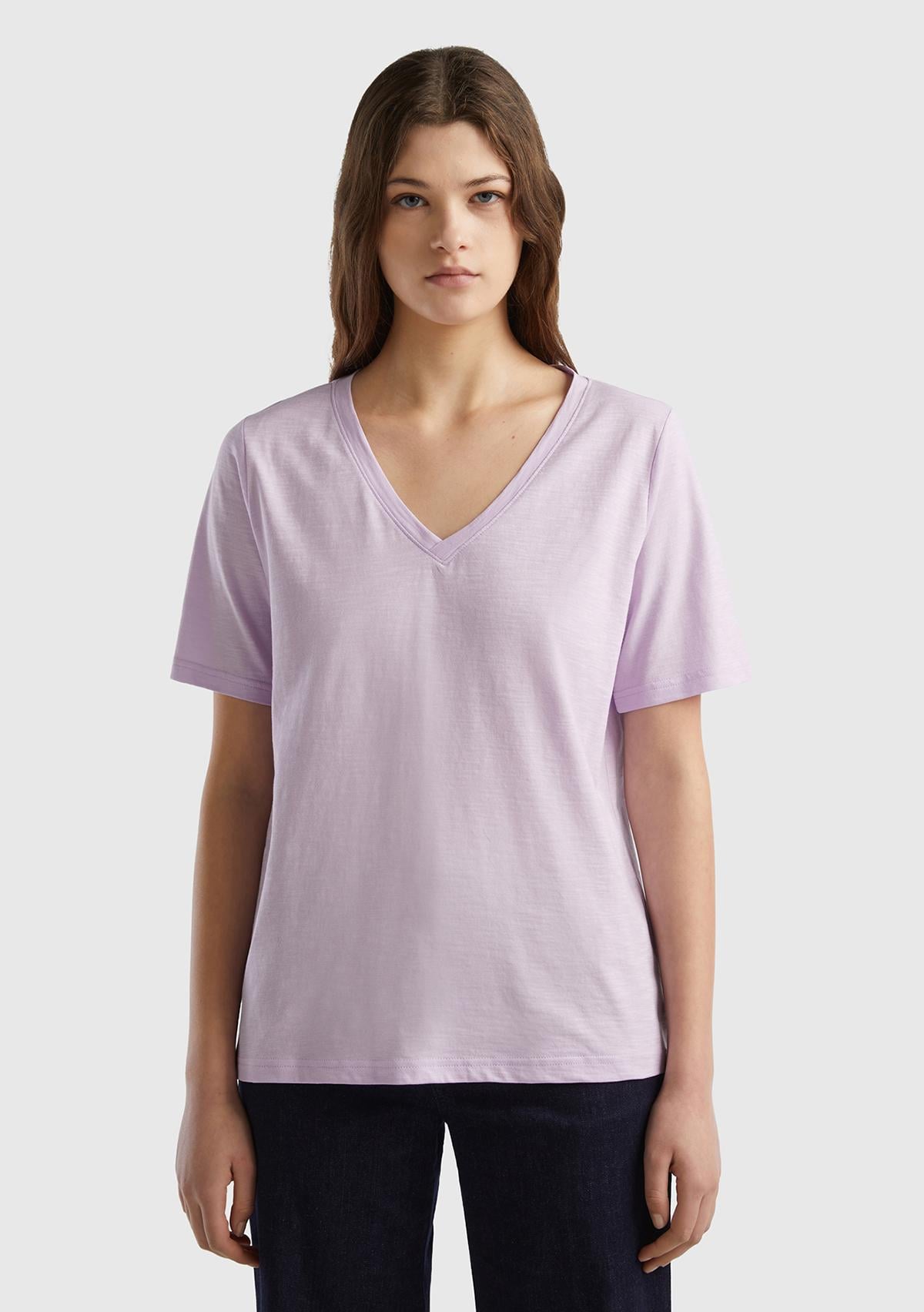  Kadın Lila %100 Koton V Yaka Slub T-Shirt