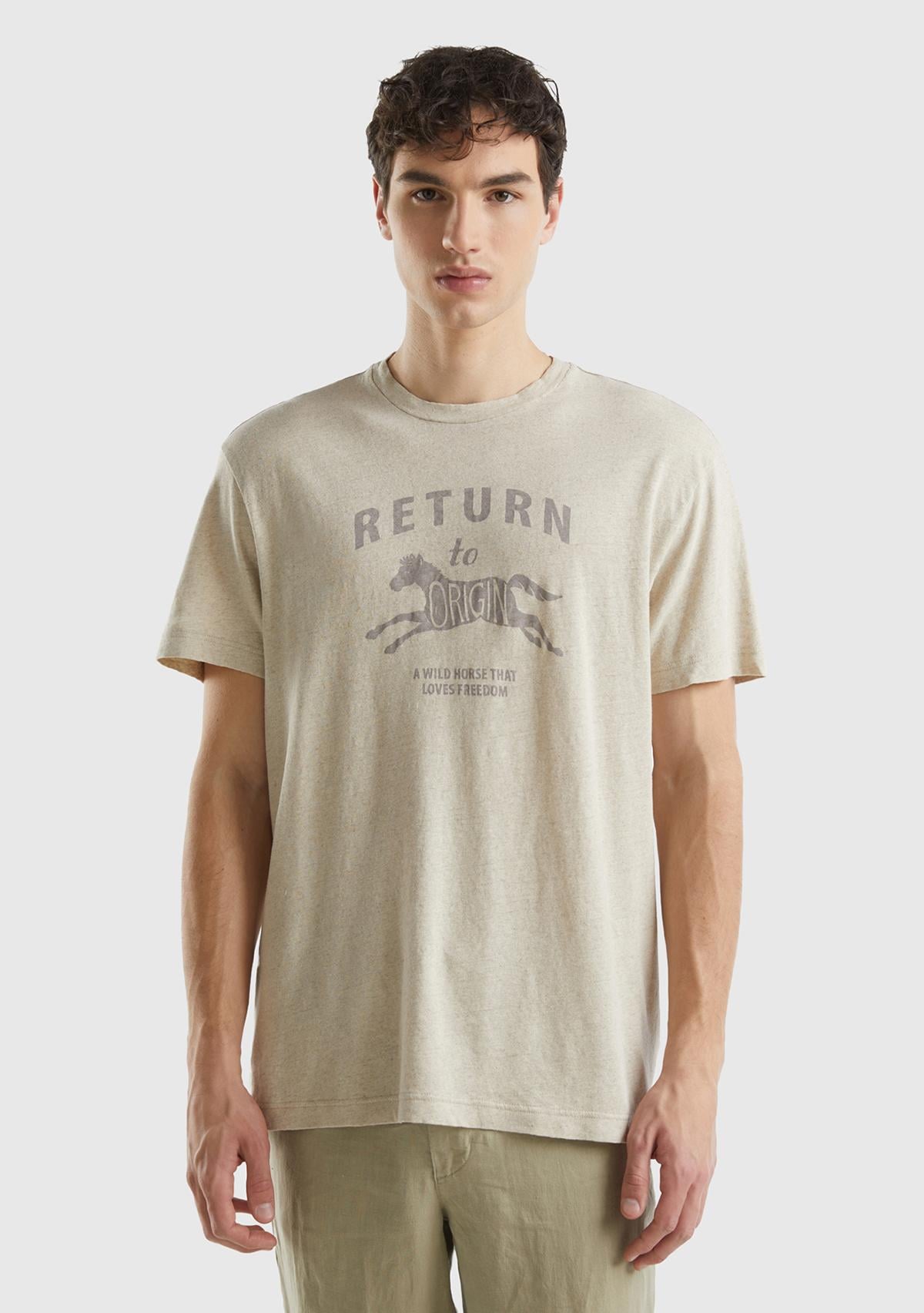  Erkek Bej Keten Karışımlı Bisiklet Yaka Düz Kalıp Basic T-Shirt