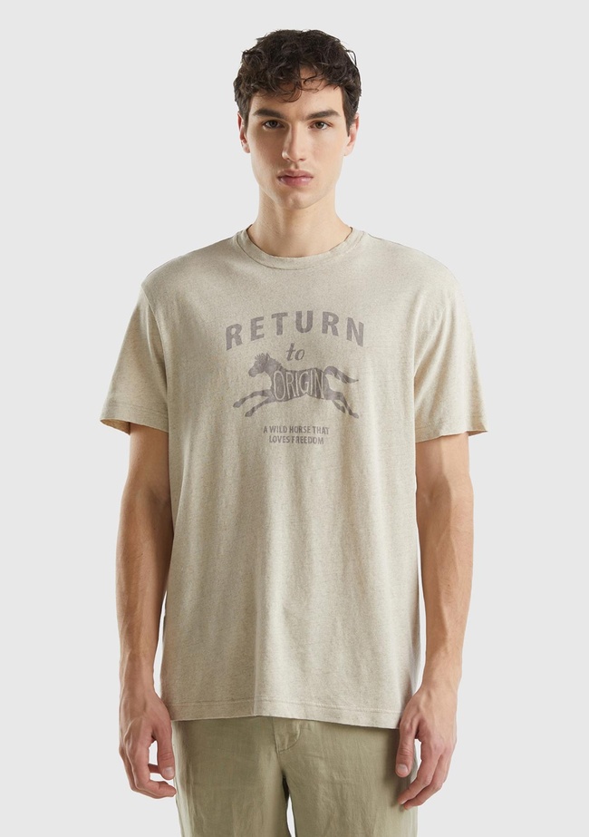  Erkek Bej Keten Karışımlı Bisiklet Yaka Düz Kalıp Basic T-Shirt