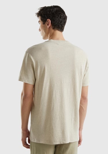  Erkek Bej Keten Karışımlı Bisiklet Yaka Düz Kalıp Basic T-Shirt