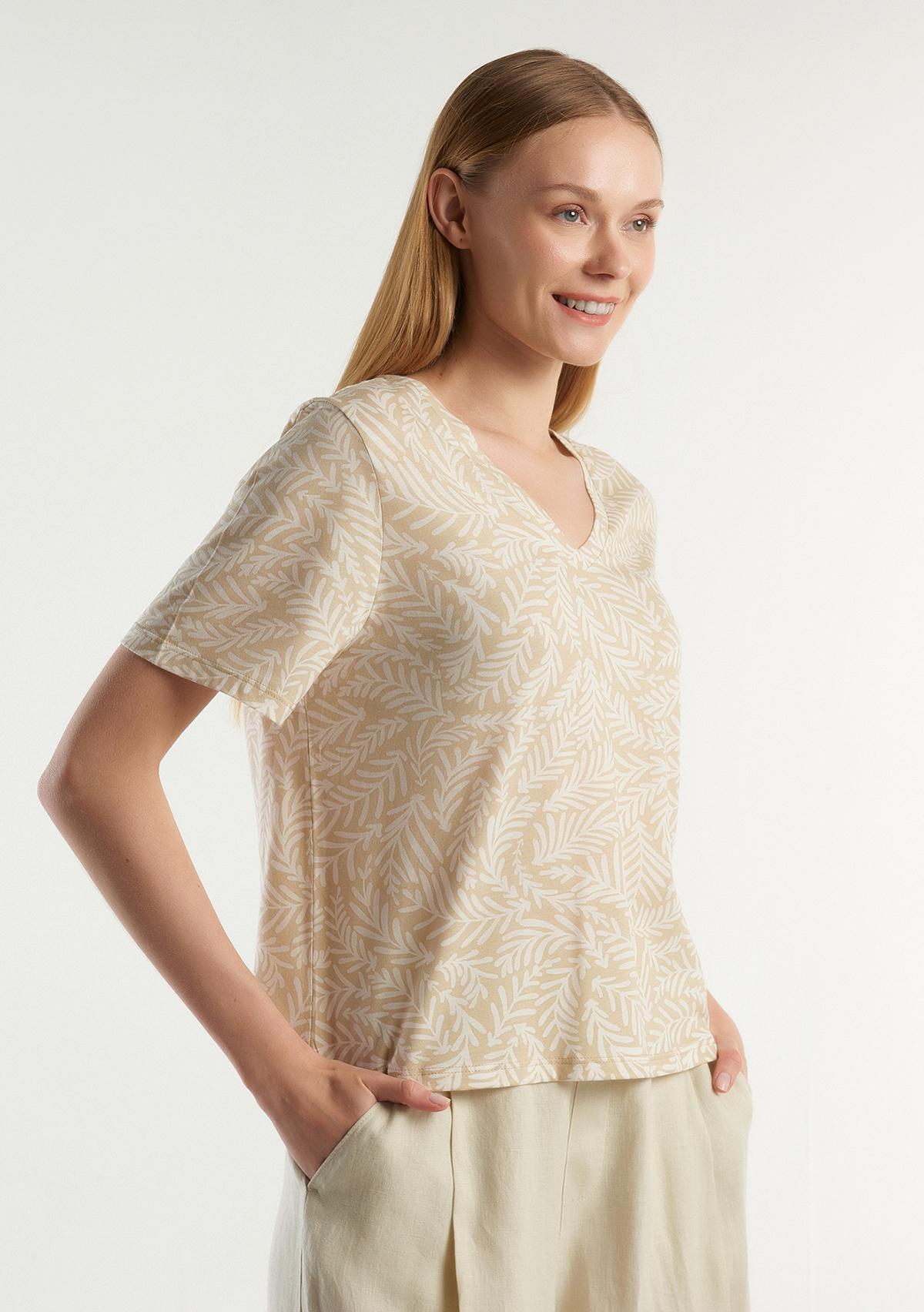  Kadın Krem Mix %100 Pamuk Tamamı Desenli Derin V Yaka T-Shirt