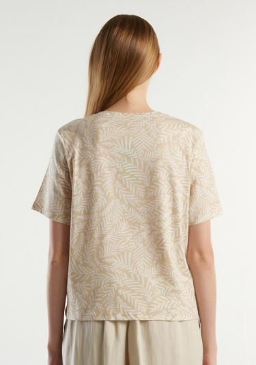  Kadın Krem Mix %100 Pamuk Tamamı Desenli Derin V Yaka T-Shirt
