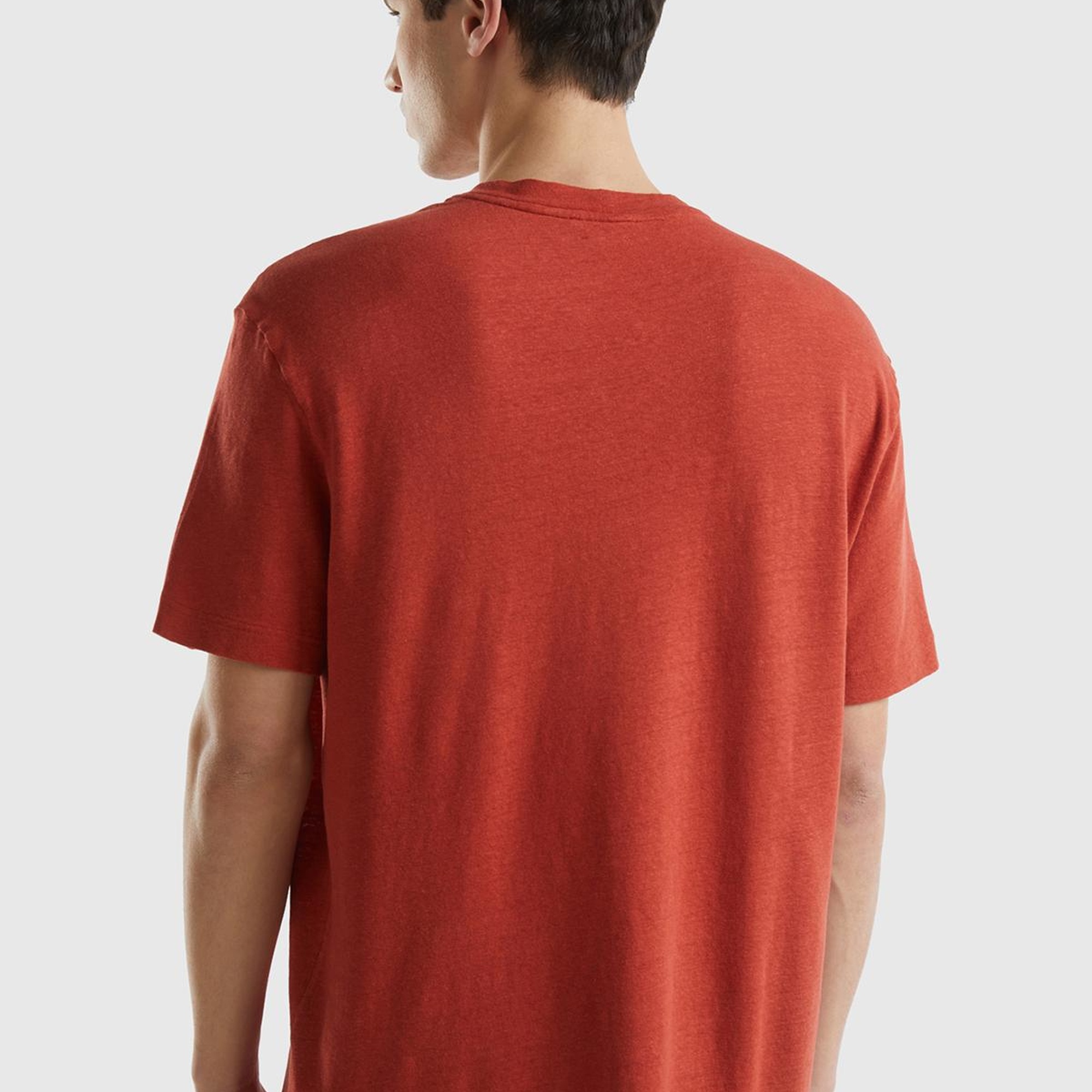 Erkek Turuncu Keten Karışımlı Bisiklet Yaka Düz Kalıp Basic T-Shirt