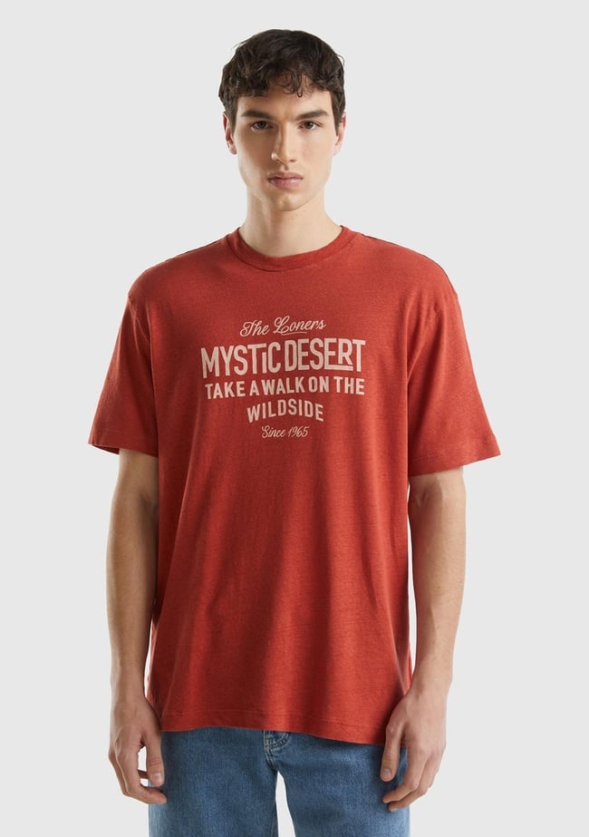  Erkek Turuncu Keten Karışımlı Bisiklet Yaka Düz Kalıp Basic T-Shirt