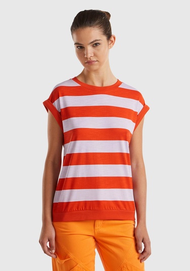  Kadın Kırmızı Mix Pamuk Karışımlı Kontrast Renkli Bisiklet Yaka T-Shirt