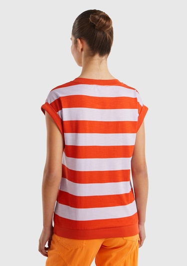  Kadın Kırmızı Mix Pamuk Karışımlı Kontrast Renkli Bisiklet Yaka T-Shirt