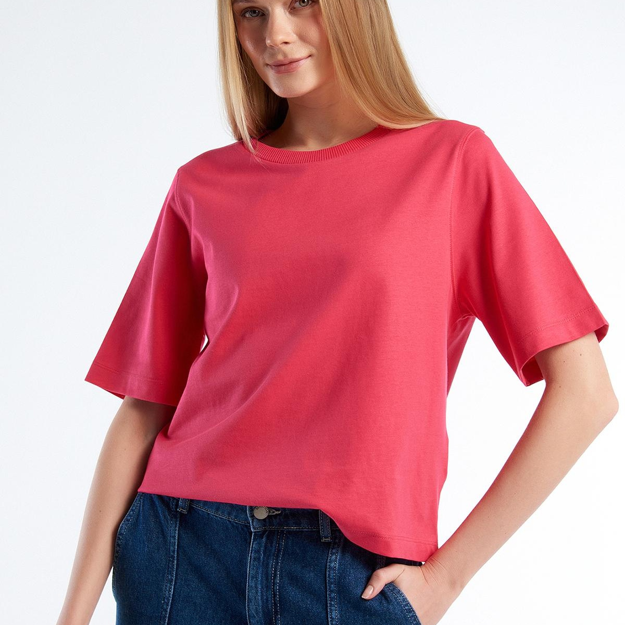 Kadın Koyu Pembe %100 Koton Boxy Fit T-Shirt