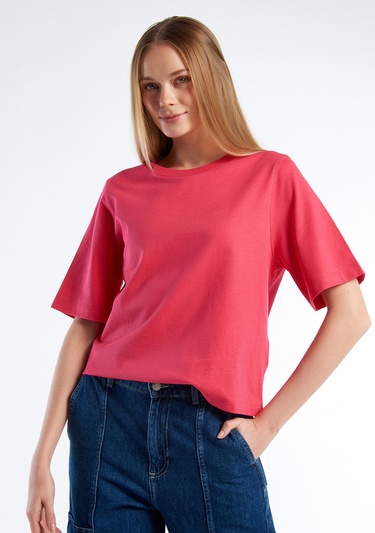  Kadın Koyu Pembe %100 Koton Boxy Fit T-Shirt