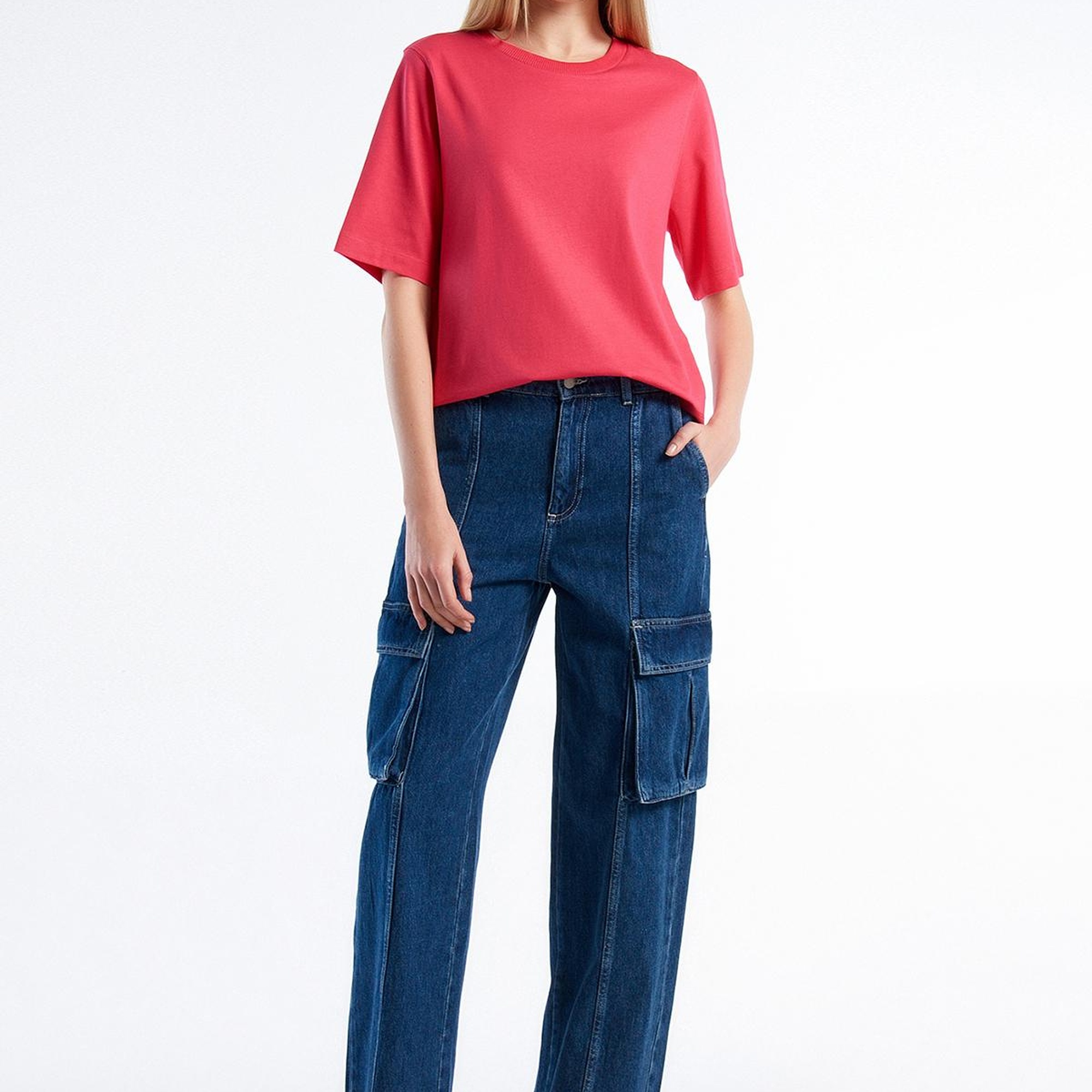 Kadın Koyu Pembe %100 Koton Boxy Fit T-Shirt