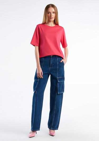  Kadın Koyu Pembe %100 Koton Boxy Fit T-Shirt