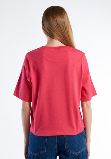  Kadın Koyu Pembe %100 Koton Boxy Fit T-Shirt