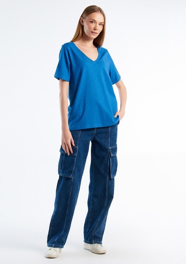  Kadın Koyu Mavi %100 Koton V Yaka Slub T-Shirt
