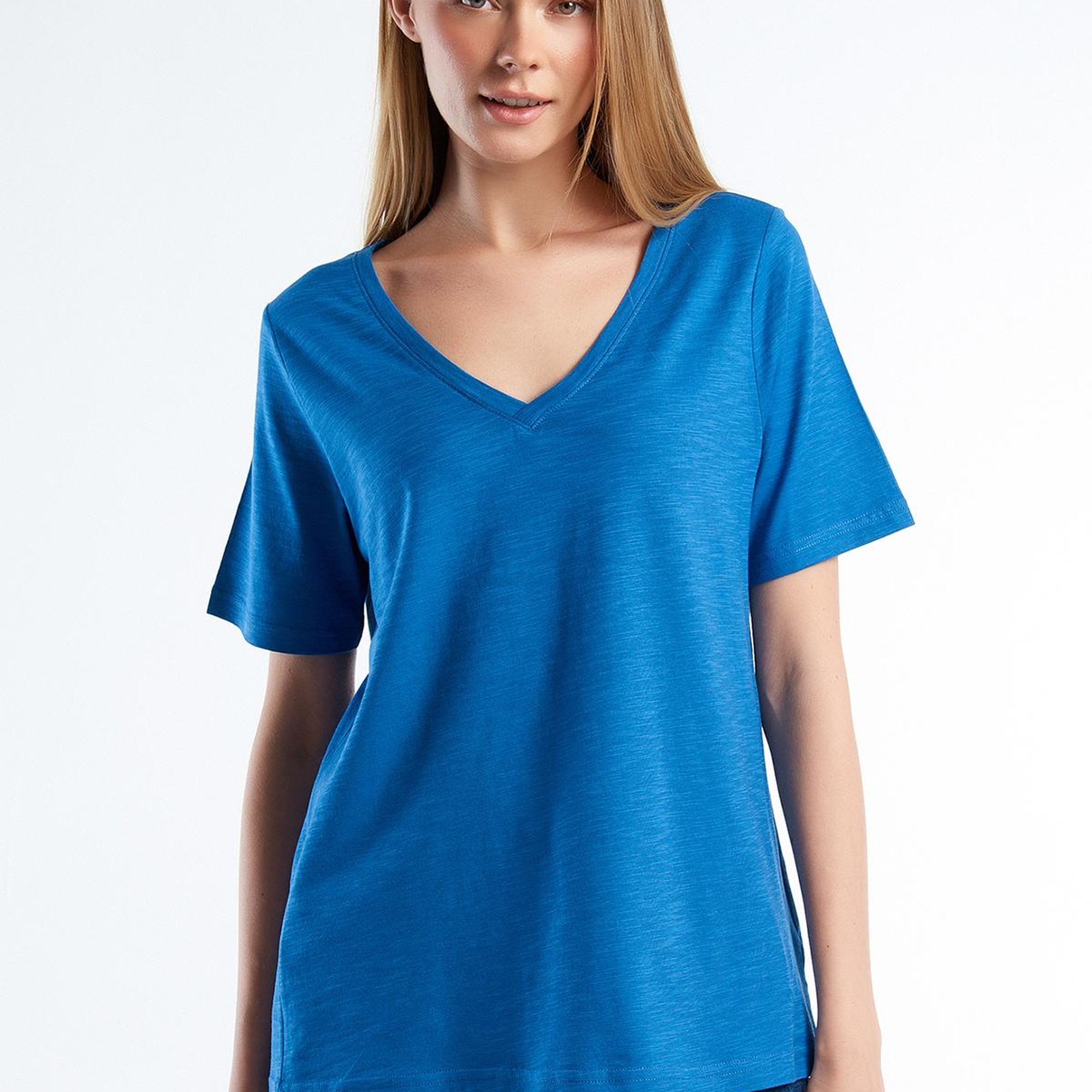 Kadın Koyu Mavi %100 Koton V Yaka Slub T-Shirt