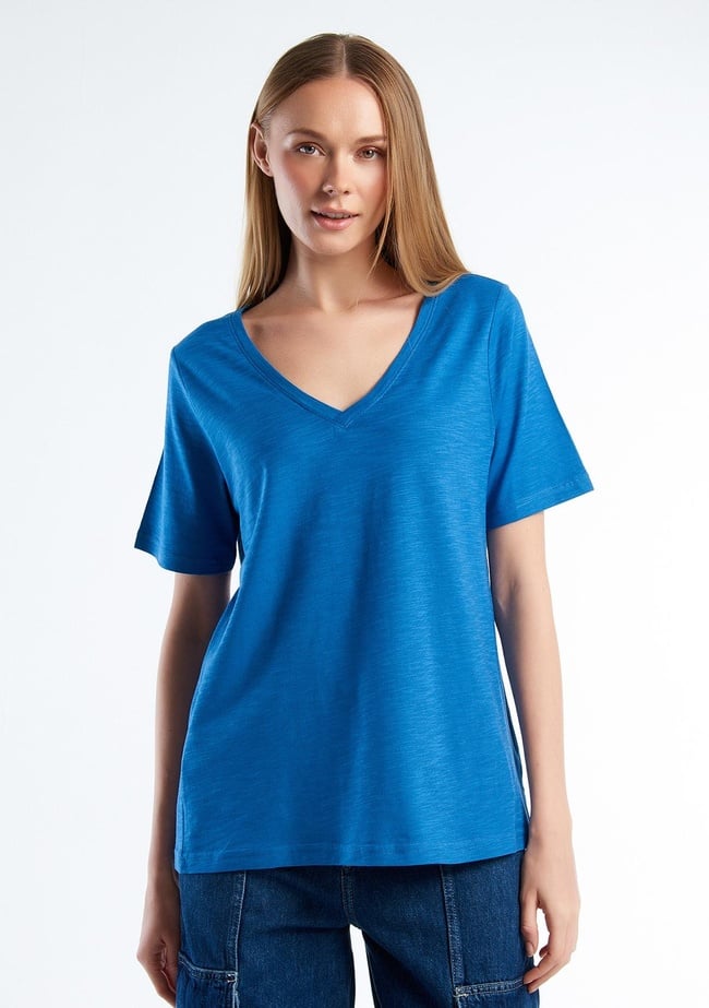  Kadın Koyu Mavi %100 Koton V Yaka Slub T-Shirt