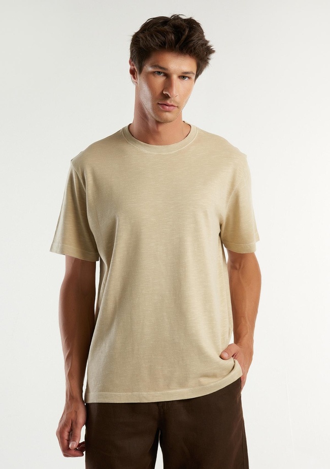  Erkek Taş %100 Pamuk Tek Renkli Rahat Kesim Bisiklet Yaka T-Shirt