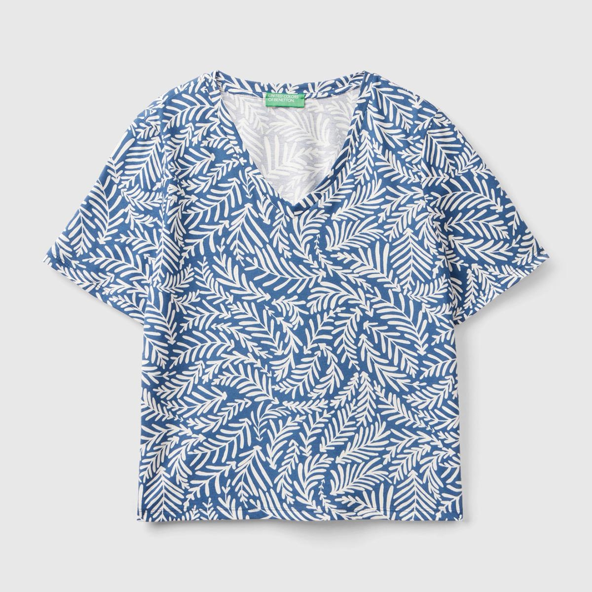 Kadın Lacivert-Krem %100 Pamuk Tamamı Desenli Derin V Yaka T-Shirt