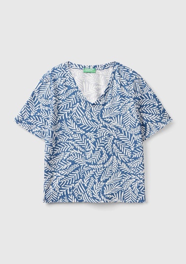  Kadın Lacivert-Krem %100 Pamuk Tamamı Desenli Derin V Yaka T-Shirt