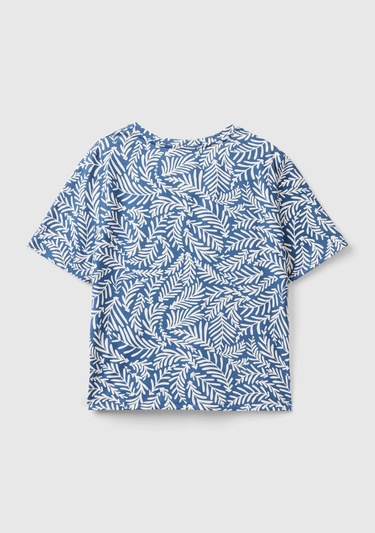  Kadın Lacivert-Krem %100 Pamuk Tamamı Desenli Derin V Yaka T-Shirt