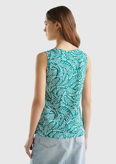  Kadın Yeşil Mix %100 Pamuk Tamamı Desenli Yırtmaçlı Geniş V Yaka Atlet