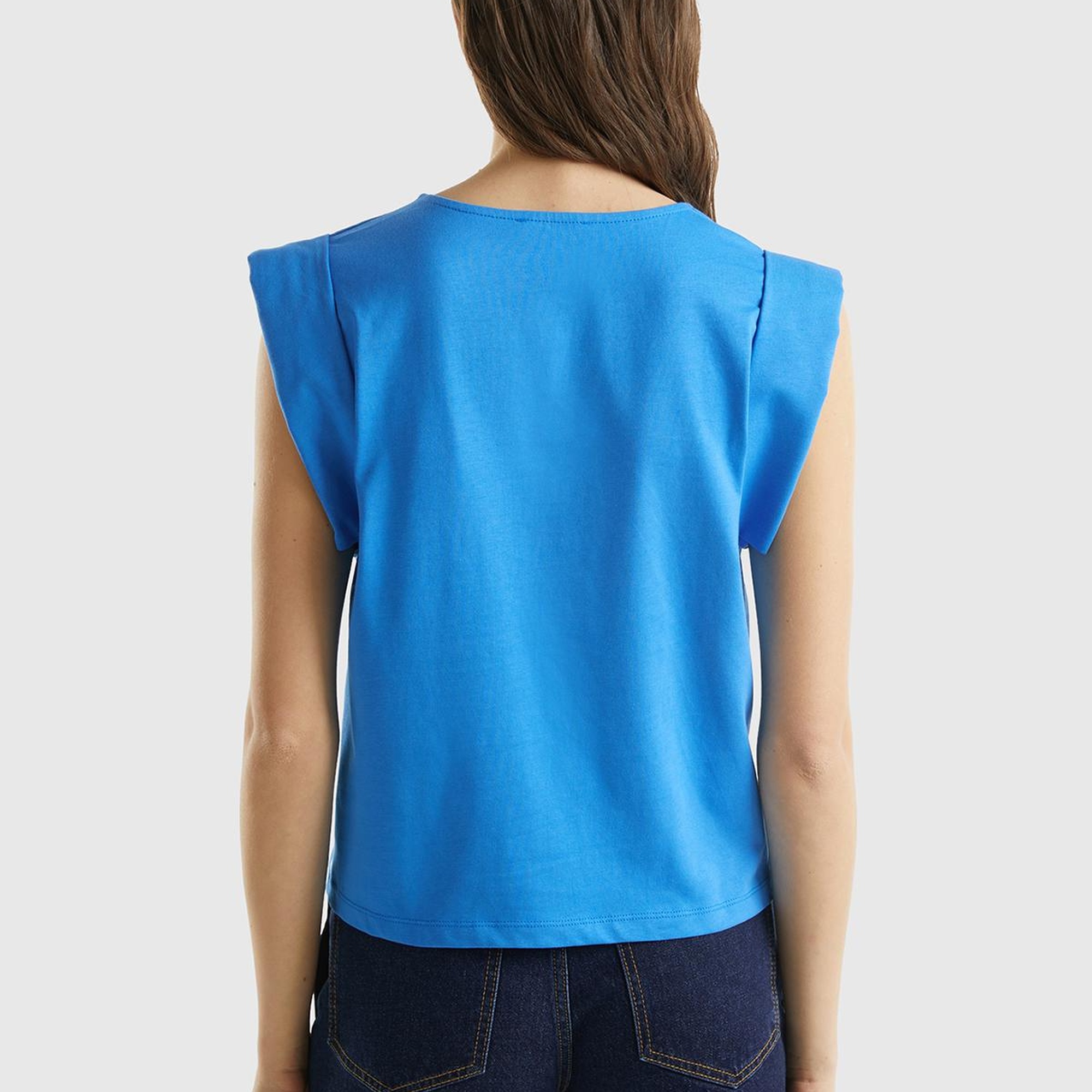 Kadın Mavi %100 Pamuk Geniş ve Kıvrık Kollu Bisiklet Yaka T-Shirt