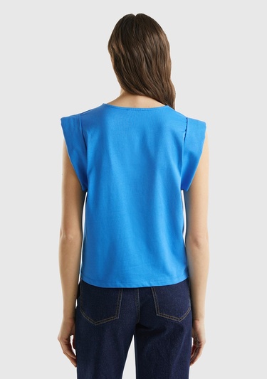  Kadın Mavi %100 Pamuk Geniş ve Kıvrık Kollu Bisiklet Yaka T-Shirt