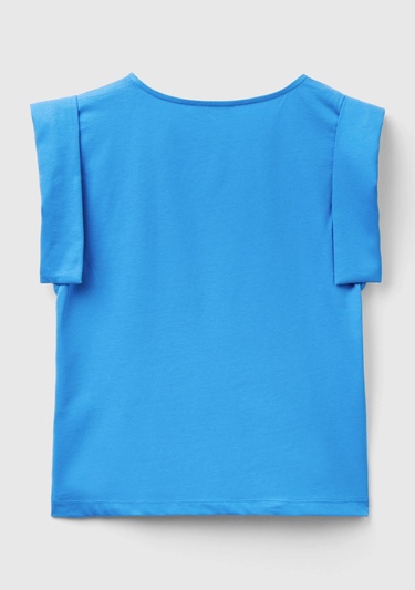  Kadın Mavi %100 Pamuk Geniş ve Kıvrık Kollu Bisiklet Yaka T-Shirt