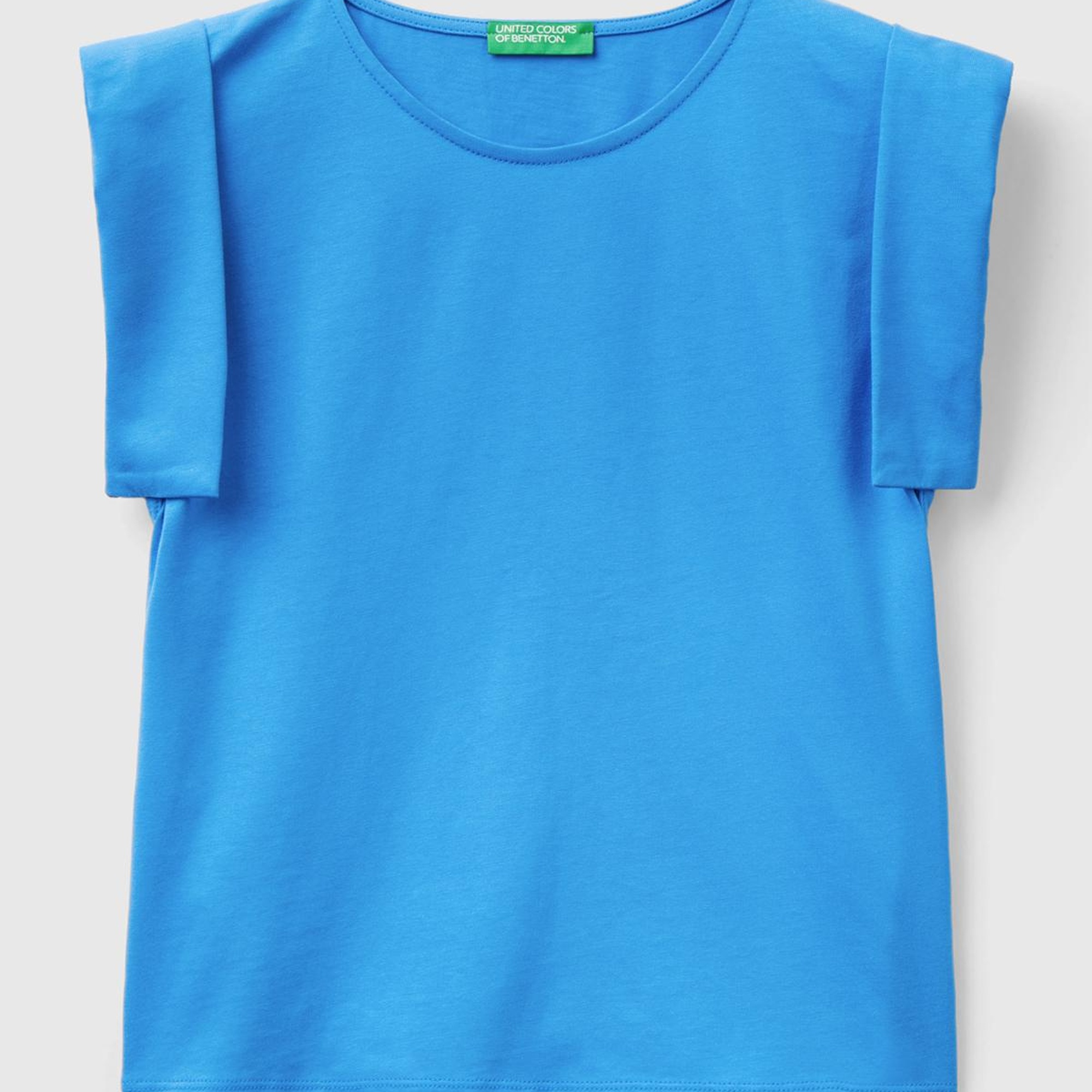 Kadın Mavi %100 Pamuk Geniş ve Kıvrık Kollu Bisiklet Yaka T-Shirt