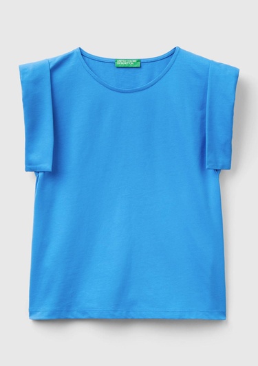  Kadın Mavi %100 Pamuk Geniş ve Kıvrık Kollu Bisiklet Yaka T-Shirt