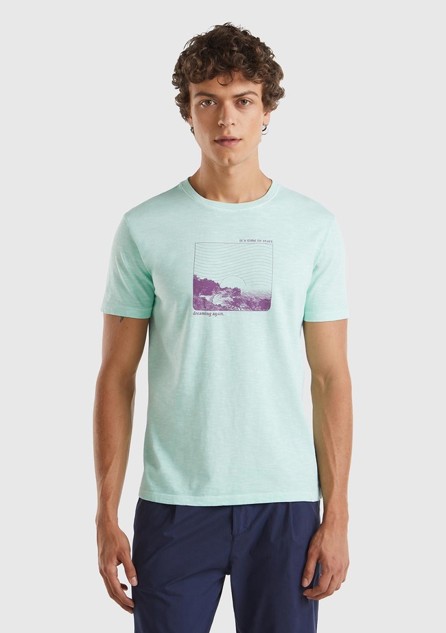  Erkek Açık Yeşil %100 Pamuk Önü ve Arkası Grafik Baskılı Bisiklet Yaka T-Shirt